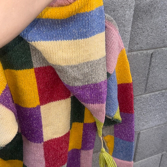 Multicolor Patchwork Knit Cardigan Zip Up Hat Hoodie Pom Pom Pointy Size M - Picture 3 of 8